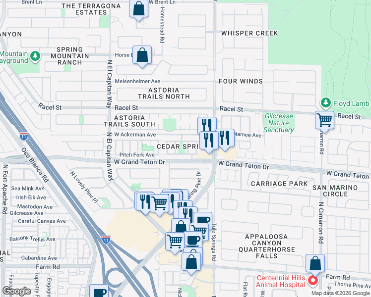 map of restaurants, bars, coffee shops, grocery stores, and more near 8021 Dancing Springs Street in Las Vegas
