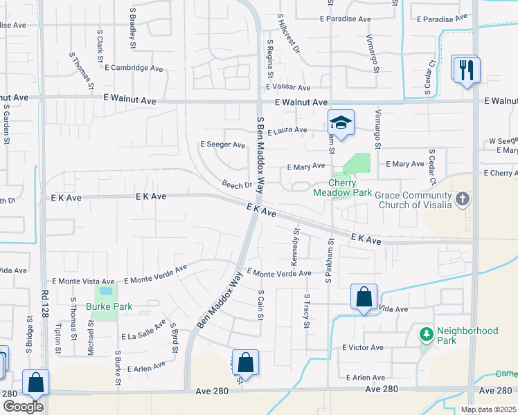 map of restaurants, bars, coffee shops, grocery stores, and more near 2598 South Ben Maddox Way in Visalia