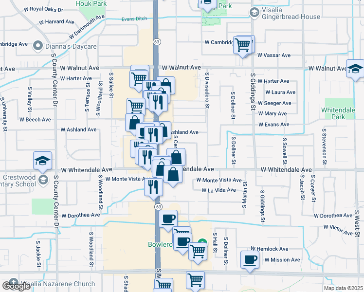 map of restaurants, bars, coffee shops, grocery stores, and more near 1829 West Cherry Avenue in Visalia