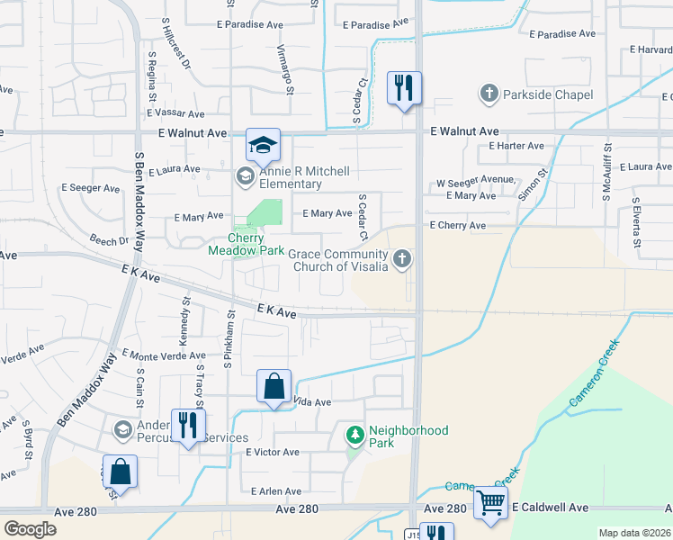 map of restaurants, bars, coffee shops, grocery stores, and more near 2612 Cherry Avenue in Visalia