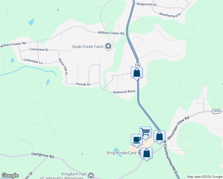 map of restaurants, bars, coffee shops, grocery stores, and more near 138 Redwood Bend in King