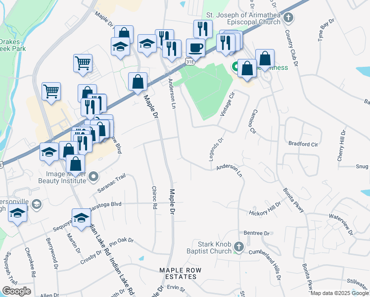 map of restaurants, bars, coffee shops, grocery stores, and more near 175 Anderson Lane in Hendersonville
