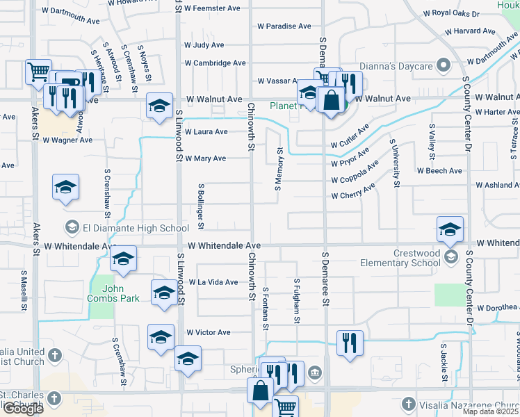 map of restaurants, bars, coffee shops, grocery stores, and more near 4031 West Cherry Avenue in Visalia