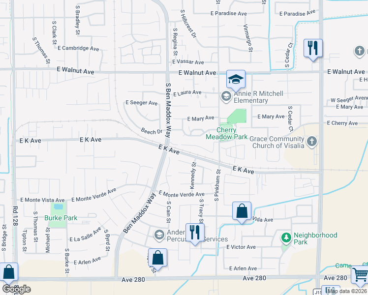 map of restaurants, bars, coffee shops, grocery stores, and more near 1809 East Evergreen Court in Visalia