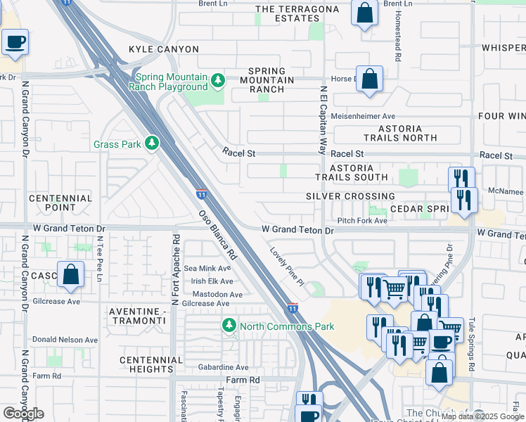 map of restaurants, bars, coffee shops, grocery stores, and more near 8025 Peaceful Village Place in Las Vegas