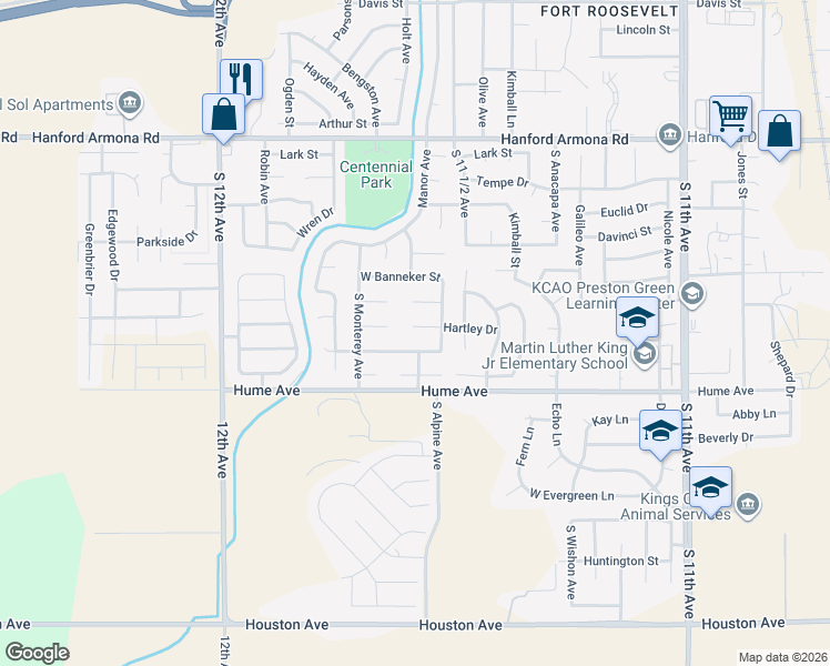 map of restaurants, bars, coffee shops, grocery stores, and more near 1579 Hartley Drive in Hanford