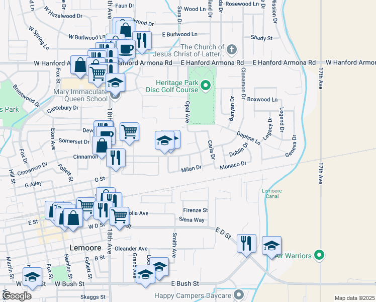map of restaurants, bars, coffee shops, grocery stores, and more near 650 East Cinnamon Drive in Lemoore