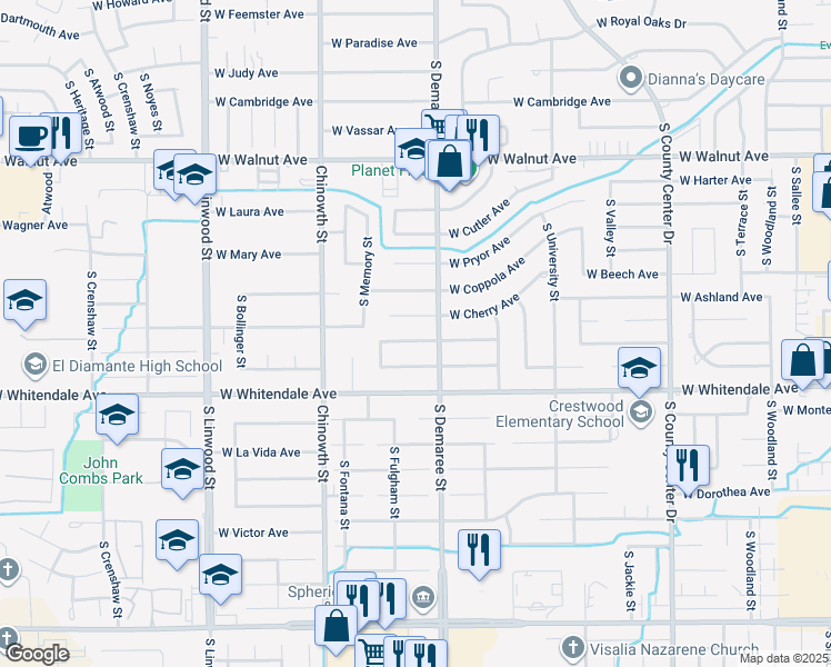map of restaurants, bars, coffee shops, grocery stores, and more near 3740 West Evergreen Avenue in Visalia