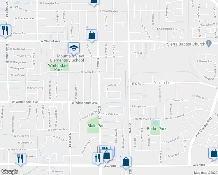 map of restaurants, bars, coffee shops, grocery stores, and more near 2630 South Kloth Drive in Visalia