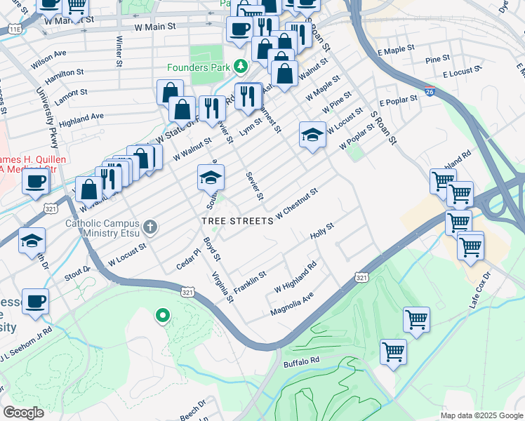 map of restaurants, bars, coffee shops, grocery stores, and more near 501 West Poplar Street in Johnson City
