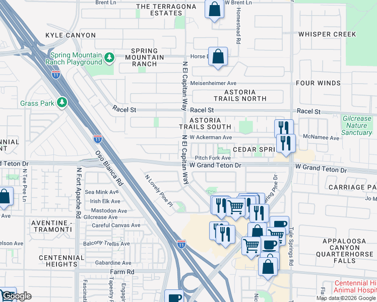 map of restaurants, bars, coffee shops, grocery stores, and more near 8025 North Quilted Bear Street in Las Vegas