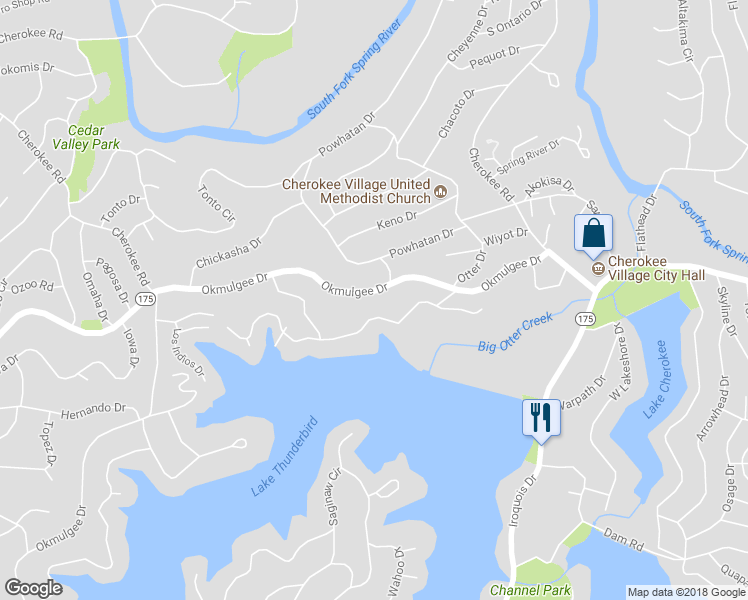 map of restaurants, bars, coffee shops, grocery stores, and more near 9 Okmulgee Drive in Cherokee Village