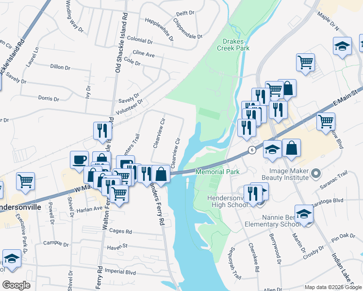 map of restaurants, bars, coffee shops, grocery stores, and more near 120 Clearview Circle in Hendersonville