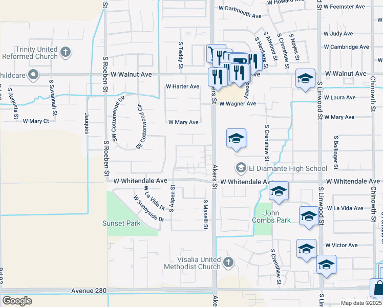 map of restaurants, bars, coffee shops, grocery stores, and more near 5430 West Evergreen Court in Visalia