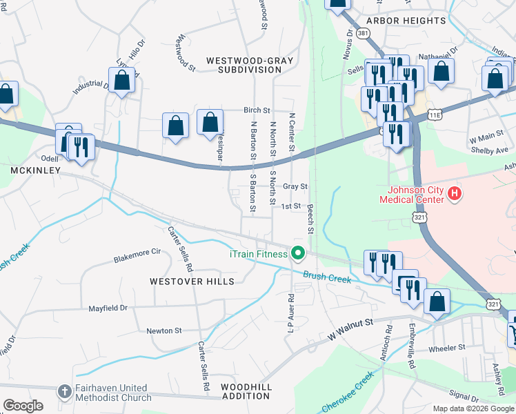 map of restaurants, bars, coffee shops, grocery stores, and more near 308 South Barton Street in Johnson City