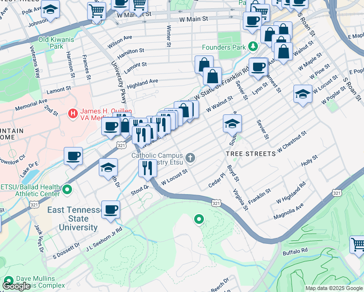 map of restaurants, bars, coffee shops, grocery stores, and more near 731 W Maple St in Johnson City