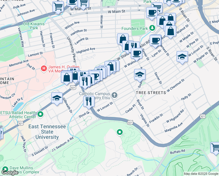 map of restaurants, bars, coffee shops, grocery stores, and more near 731 West Maple Street in Johnson City