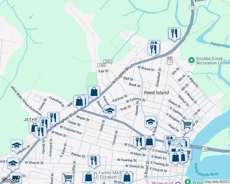 map of restaurants, bars, coffee shops, grocery stores, and more near 705 Anderson Street in Elizabeth City