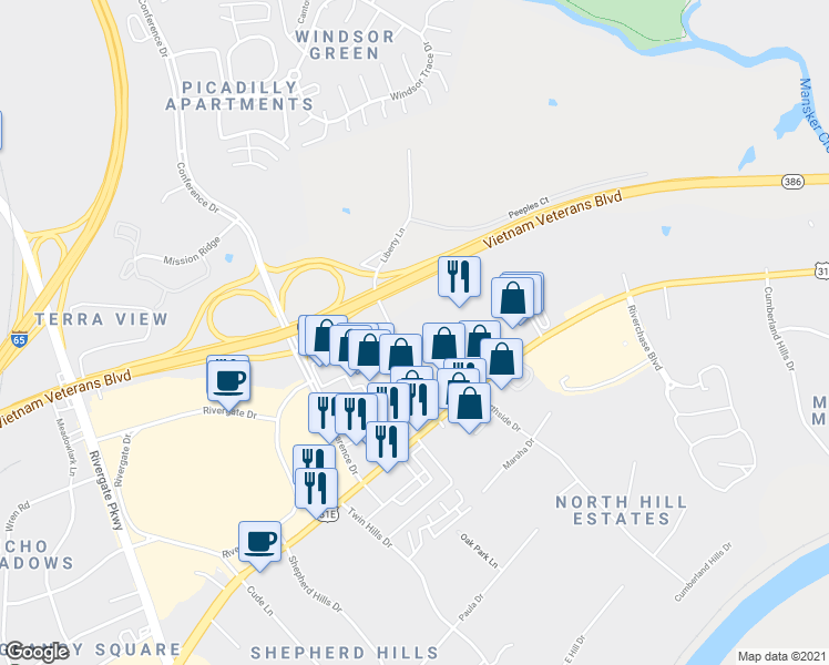 map of restaurants, bars, coffee shops, grocery stores, and more near 122 Liberty Lane in Nashville