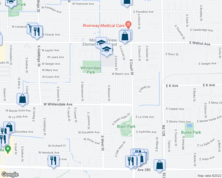 map of restaurants, bars, coffee shops, grocery stores, and more near 2548 South Watson Street in Visalia