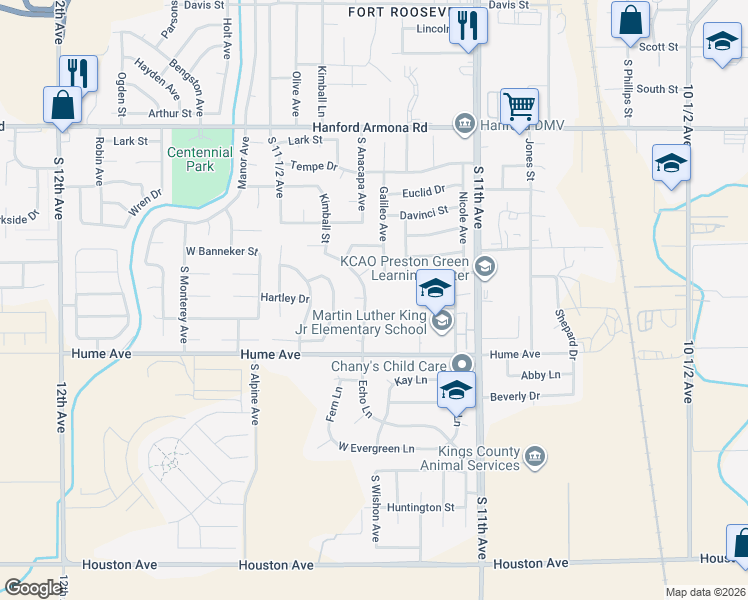 map of restaurants, bars, coffee shops, grocery stores, and more near 1387 Echo Ln in Hanford