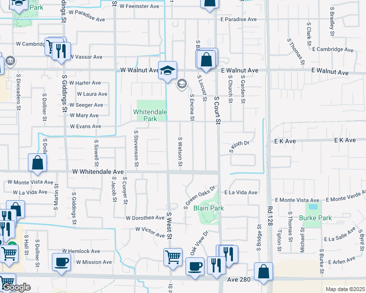 map of restaurants, bars, coffee shops, grocery stores, and more near 2548 South Watson Street in Visalia