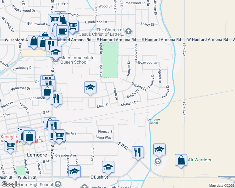 map of restaurants, bars, coffee shops, grocery stores, and more near 741 East Cinnamon Drive in Lemoore