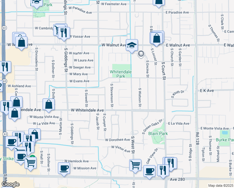 map of restaurants, bars, coffee shops, grocery stores, and more near 2539 South Johnson Court in Visalia