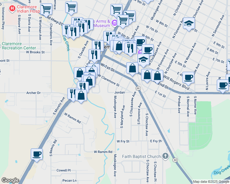 map of restaurants, bars, coffee shops, grocery stores, and more near 221 Jordan in Claremore