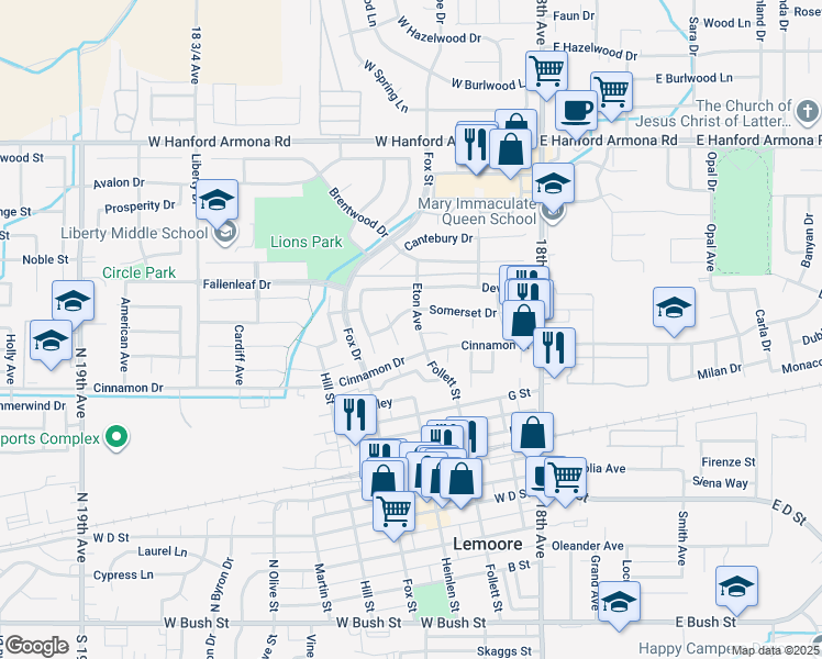 map of restaurants, bars, coffee shops, grocery stores, and more near 296 Greystone Court in Lemoore