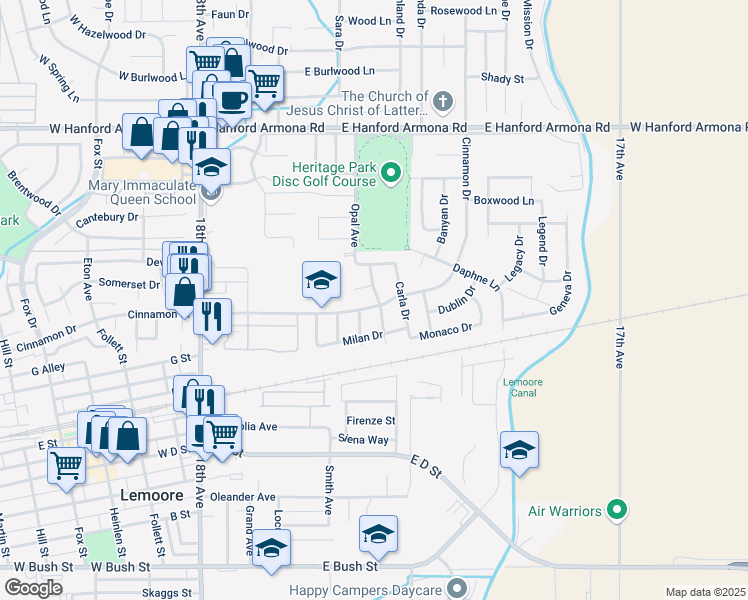 map of restaurants, bars, coffee shops, grocery stores, and more near 650 East Cinnamon Drive in Lemoore