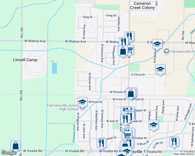 map of restaurants, bars, coffee shops, grocery stores, and more near 571 West Citrus Drive in Farmersville
