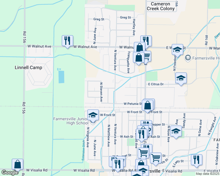 map of restaurants, bars, coffee shops, grocery stores, and more near 571 West Citrus Drive in Farmersville