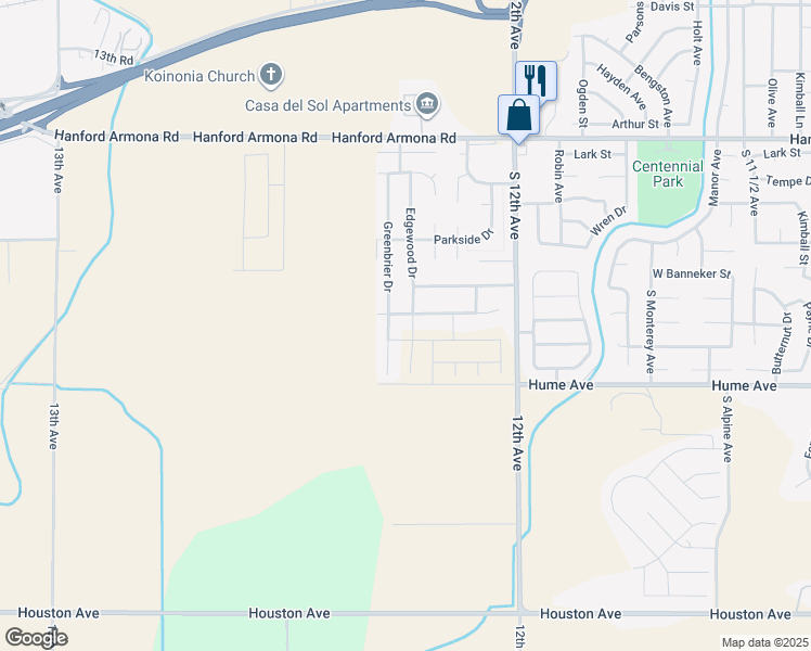 map of restaurants, bars, coffee shops, grocery stores, and more near 1390 Edgewood Drive in Hanford