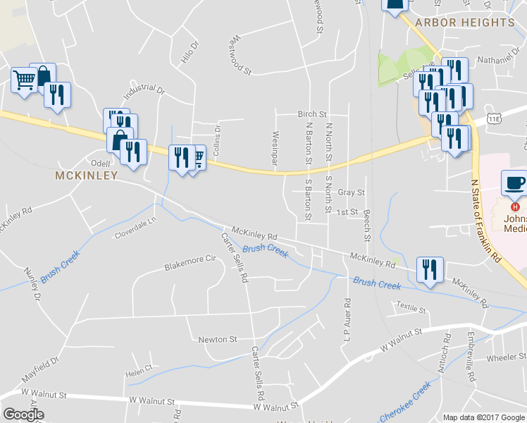 map of restaurants, bars, coffee shops, grocery stores, and more near 115 Woodlawn Drive in Johnson City