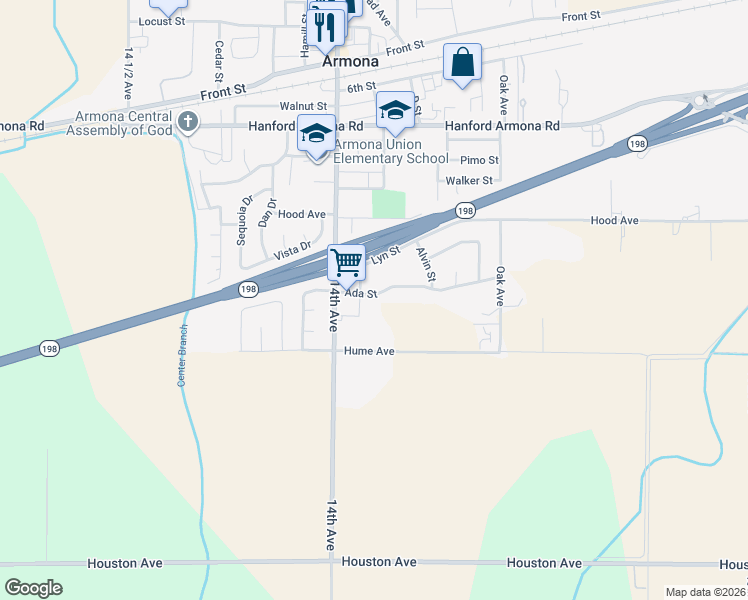 map of restaurants, bars, coffee shops, grocery stores, and more near 13893 Ada Street in Armona