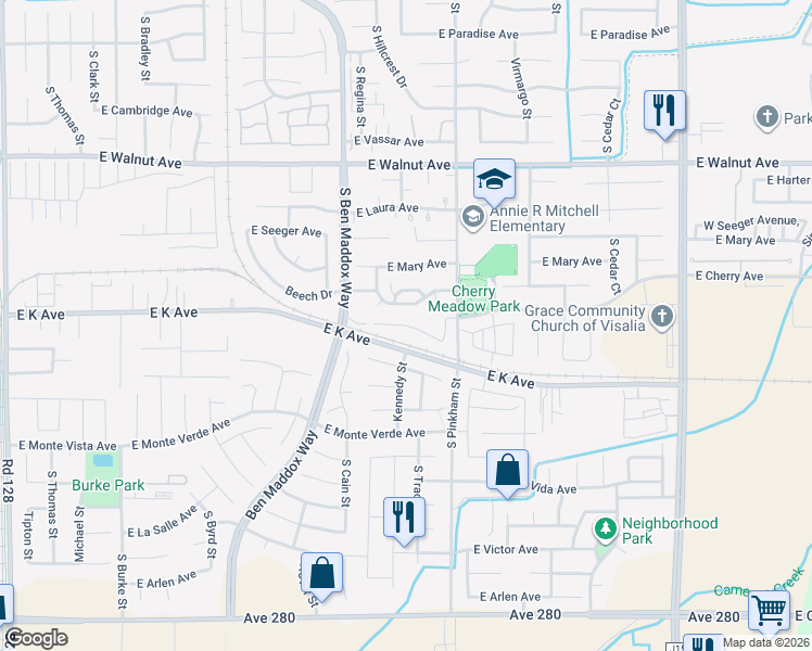 map of restaurants, bars, coffee shops, grocery stores, and more near 2599 East Evergreen Court in Visalia