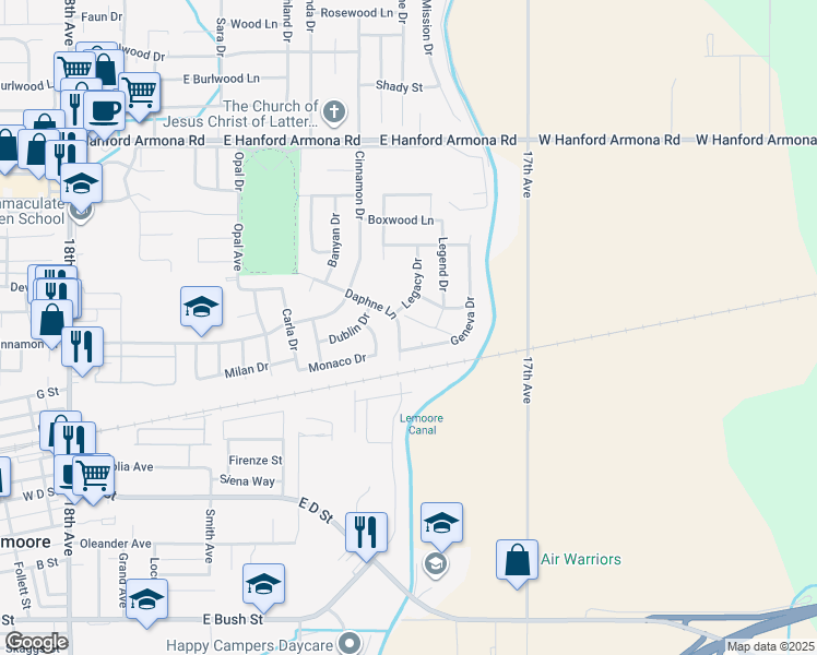 map of restaurants, bars, coffee shops, grocery stores, and more near 776 Daphne Lane in Lemoore