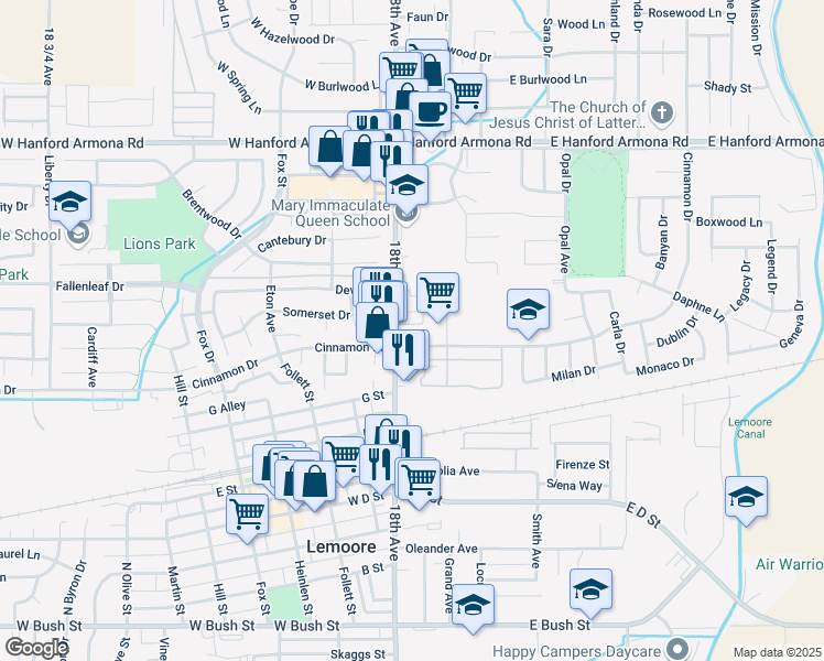 map of restaurants, bars, coffee shops, grocery stores, and more near 150 East Cinnamon Drive in Lemoore