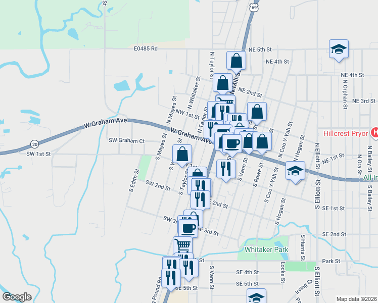 map of restaurants, bars, coffee shops, grocery stores, and more near 16 South Taylor Street in Pryor