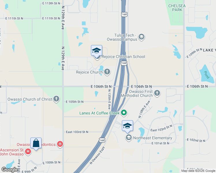 map of restaurants, bars, coffee shops, grocery stores, and more near 13413 East 106th Street North in Owasso