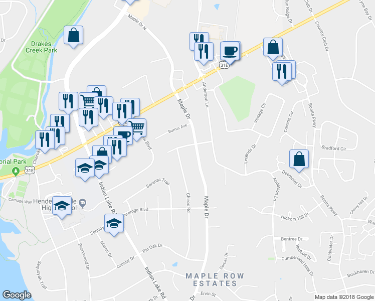 map of restaurants, bars, coffee shops, grocery stores, and more near 107 Dale Avenue in Hendersonville