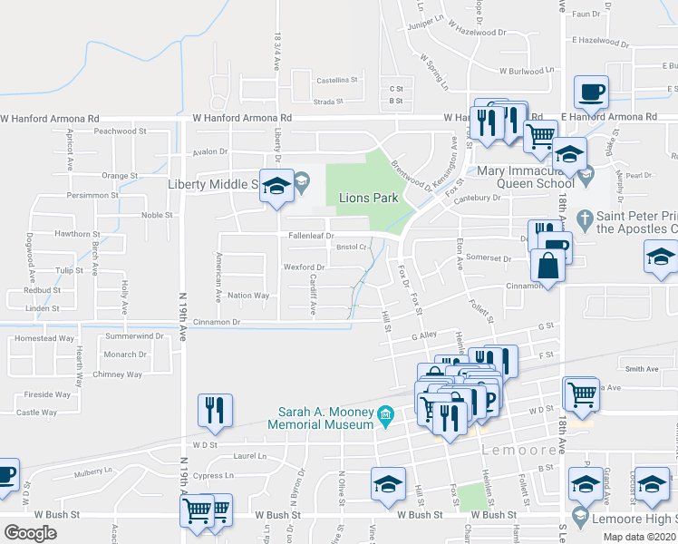 map of restaurants, bars, coffee shops, grocery stores, and more near 699 Wexford Court in Lemoore