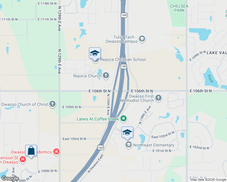map of restaurants, bars, coffee shops, grocery stores, and more near 13387 E 106th Street North in Owasso