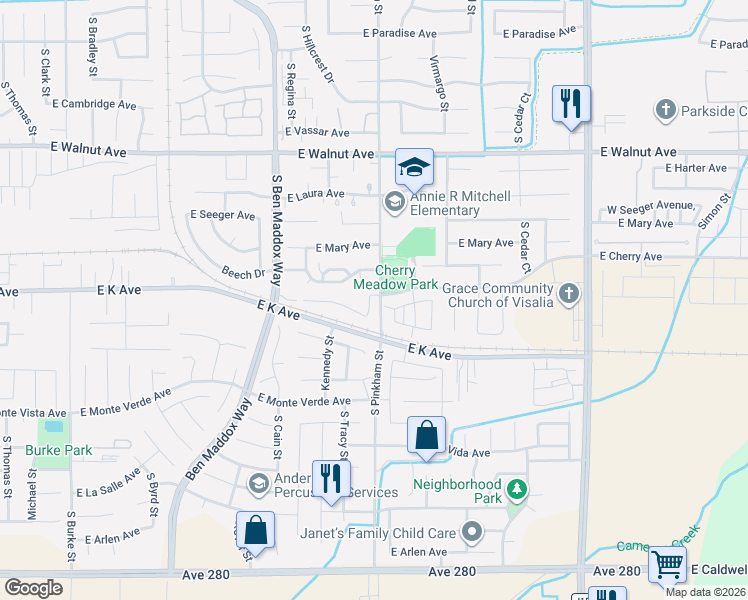 map of restaurants, bars, coffee shops, grocery stores, and more near 2518 South Tracy Street in Visalia
