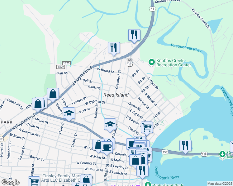 map of restaurants, bars, coffee shops, grocery stores, and more near 716 Greenleaf Street in Elizabeth City