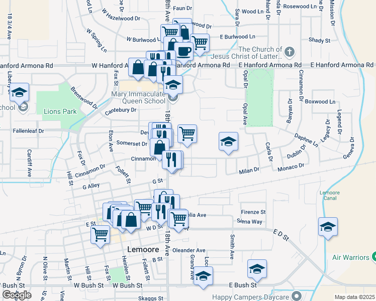 map of restaurants, bars, coffee shops, grocery stores, and more near 150 East Cinnamon Drive in Lemoore