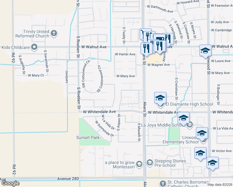 map of restaurants, bars, coffee shops, grocery stores, and more near 2534 South Peppertree Street in Visalia