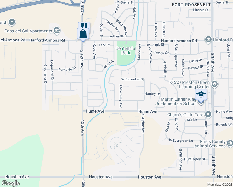 map of restaurants, bars, coffee shops, grocery stores, and more near 1386 South Monterey Avenue in Hanford