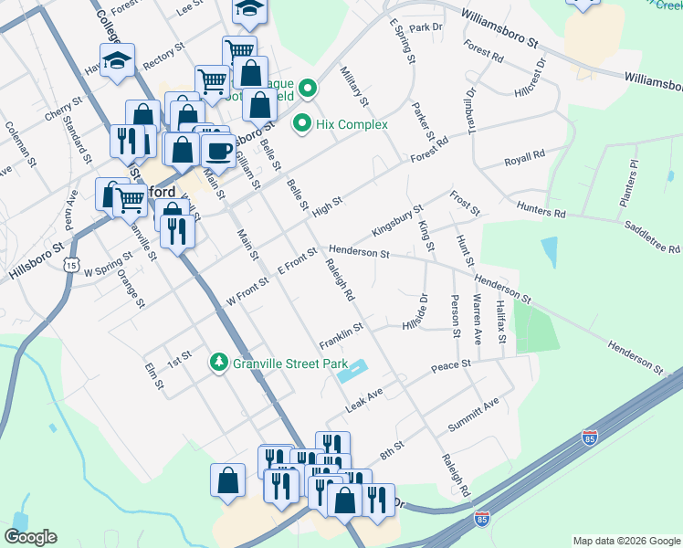 map of restaurants, bars, coffee shops, grocery stores, and more near 415 Raleigh Street in Oxford